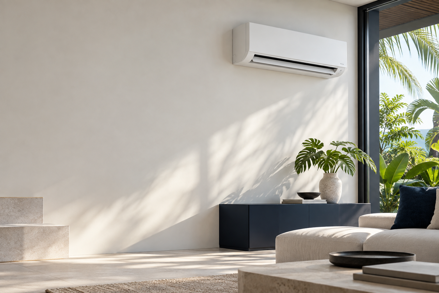 Modern interior with a wall-mounted air conditioner and tropical greenery